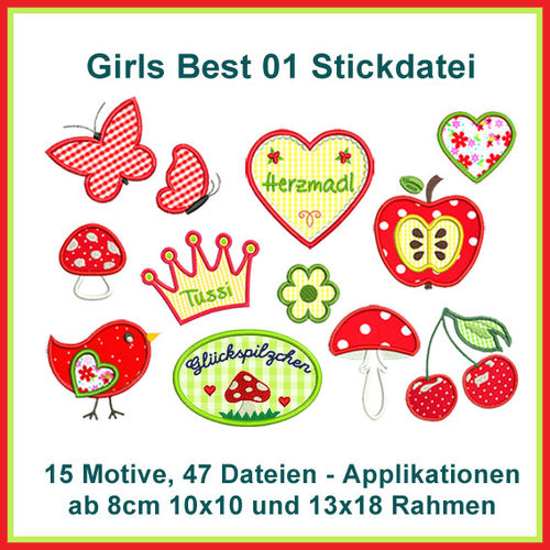 Stickdatei Girls Best 1 Kirsche Apfel Pilz