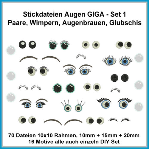 Stickdateien Augen Set 1 Wimpern Augenbrauen DIY Giga Set