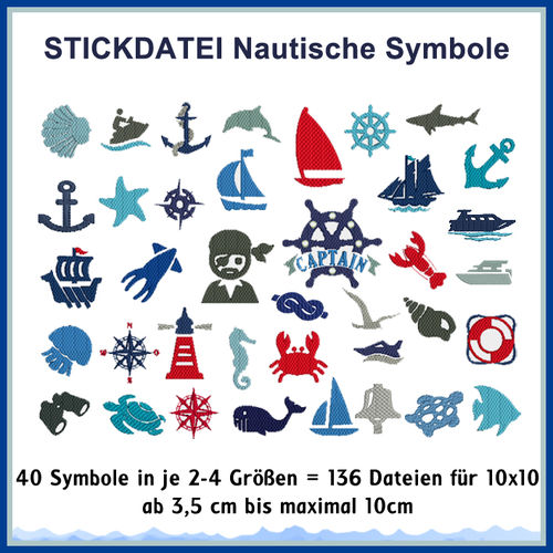 Stickdatei Set Nautic Icons maritime nautische Symbole Boote Anker Fische