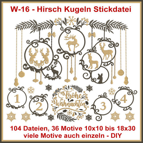 W16-Hirsch Kugeln Stickdatei elegante Weihnachten DIY