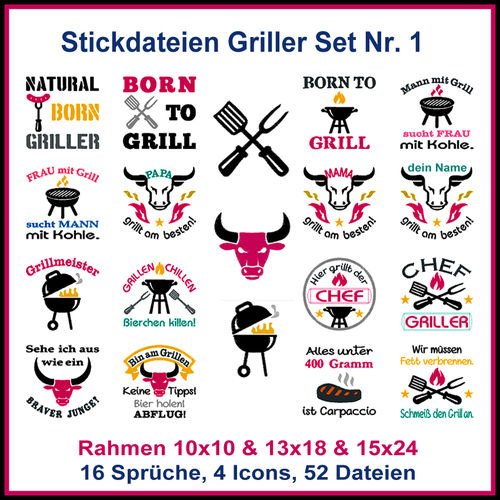 Stickdatei Griller Set Nr. 1 Grillen BBQ Grill Griller Fleisch Wurst