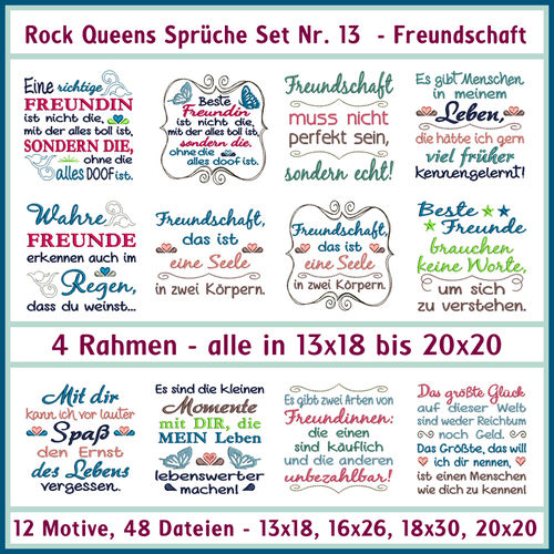 Rock Queens Sprüche Set 13 Freundschaft 13x18, 16x26, 18x30 Rahmen Stickdateien