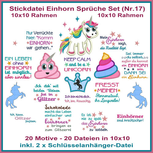 Stickdatei Einhorn 10x10 Sprüche Set Nr. 17