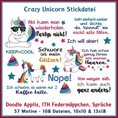 Crazy Unicorn Stickdatei Einhorn Set