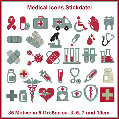 Medical Icons Medizin Spritze Pflaster Verbandskasten Krankenschwester Stickdatei Set
