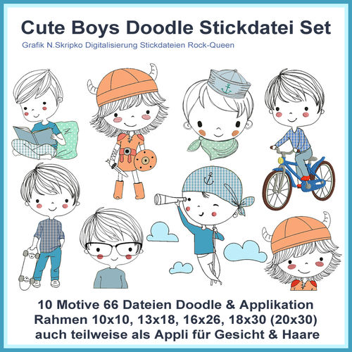 Cute Boys Doodle Applikationen Stickdateien Set Wikinger Junge Fahrrad