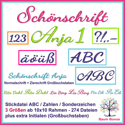 ABC ANJA 1 Schönschrift Initialen Stickdatei Schriften Schreibschrift