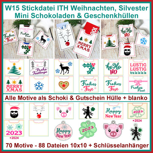 Stickdatei W15 ITH Weihnachten Silvester Mini Schokoladen Geschenkhüllen Geschenkkarten