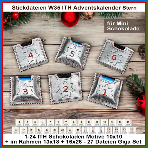 Stickdatei W35 ITH Adventskalender Stern Schoki Hüllen Schokoladen ITH Kalender