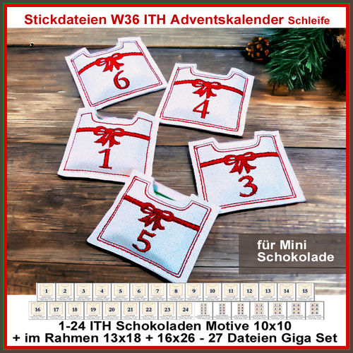Stickdatei W36 ITH Adventskalender Schleife Schoki Hüllen Schokoladen ITH Kalender