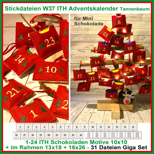 Stickdatei W37 ITH Adventskalender Tannenbaum Schokoladen Hüllen Schoki ITH Kalender