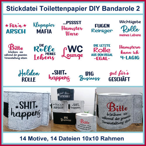 Stickdateien Set Nr 46 Toilettenpapier WC-Papier Klorollen Klopapier Bandarole