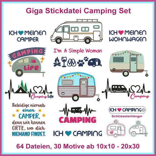 Embroidery files set camping vacation caravan camper