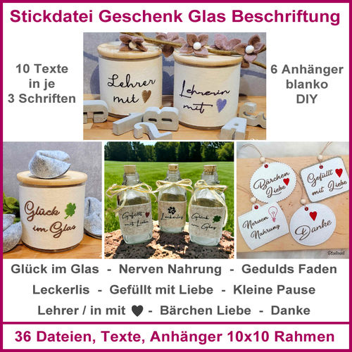 Embroidery files for gift glasses lettering incl. 6 ITH tags German phrases