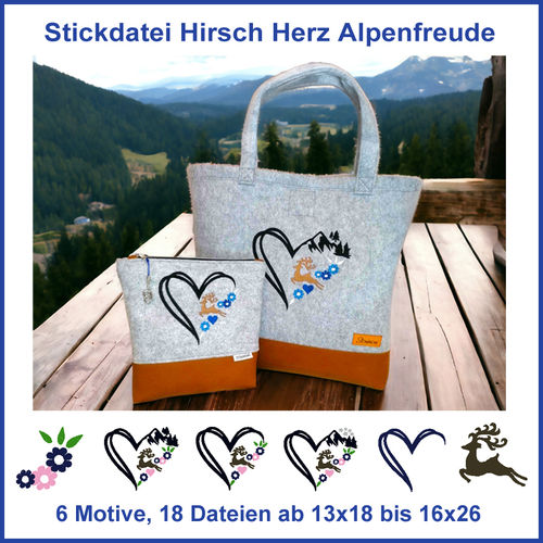 Embroidery files deer heart alpine love deer flowers oktoberfest