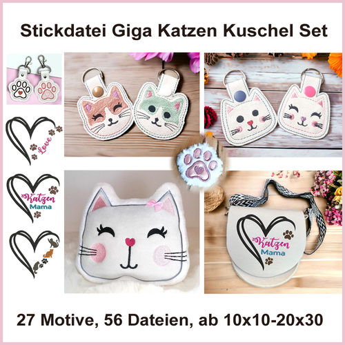 Embroidery file cats Love Giga Cuddle in the hoop set and keychain snap tab